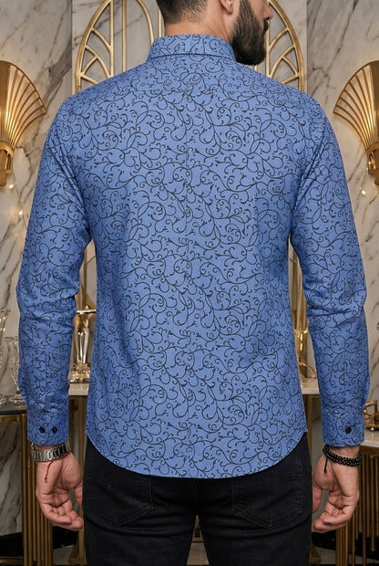 Camisa Manga Larga Azul Enredadera Negra