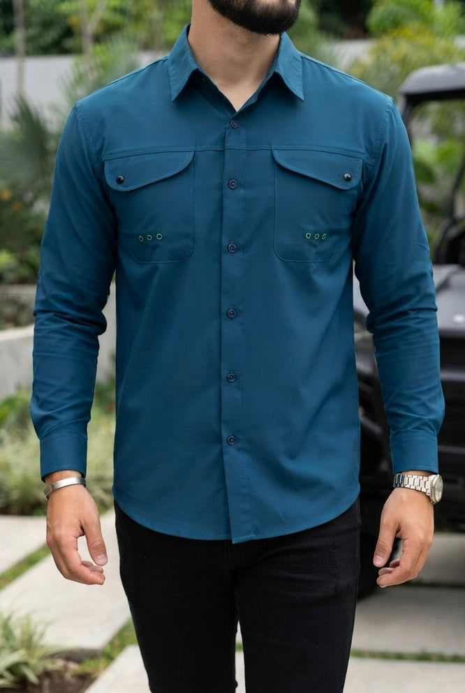 Camisa Manga Larga Pesca Azul Turquesa