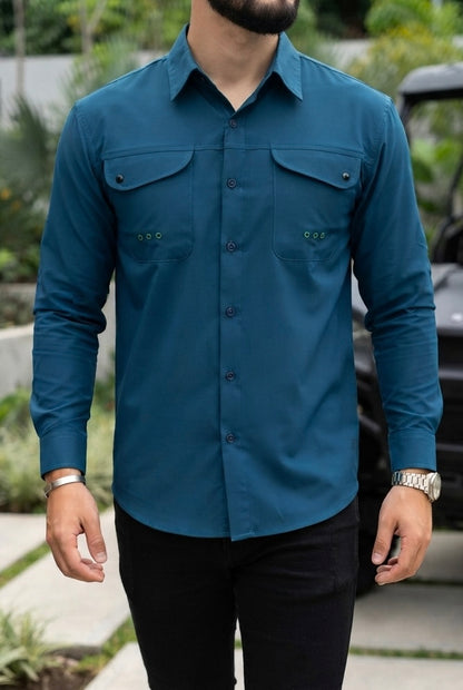 Camisa Manga Larga Pesca Azul Turquesa
