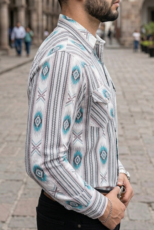 Camisa Vaquera Con Bolsas Blanca Detalles Azules