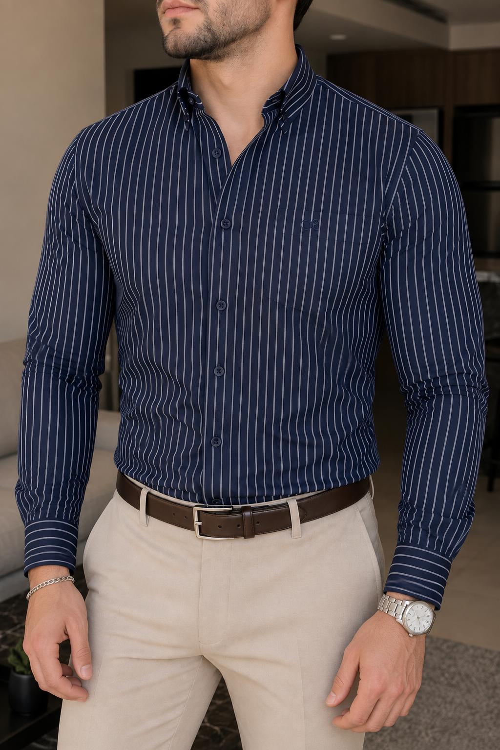 CAMISA DE VESTIR AZUL LÍNEAS BLANCAS