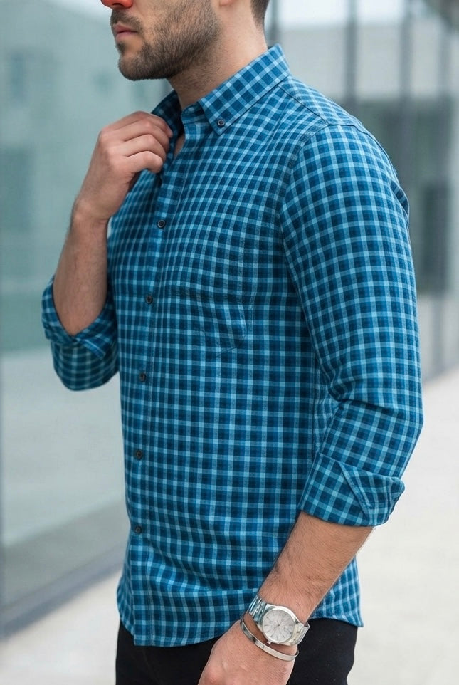 Camisa Manga Larga Cuadros Azules