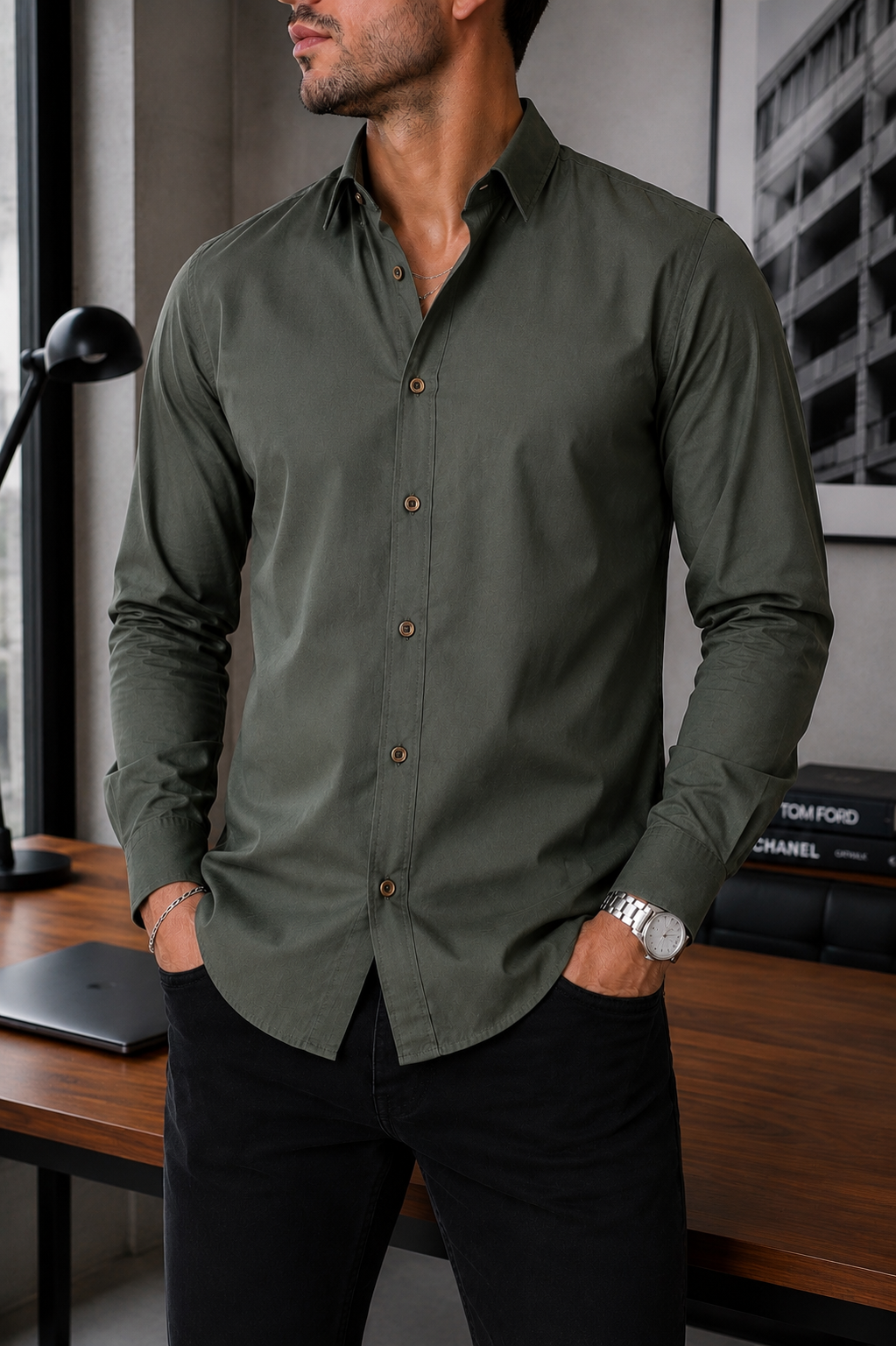Camisa Manga Larga Lisa Verde Militar