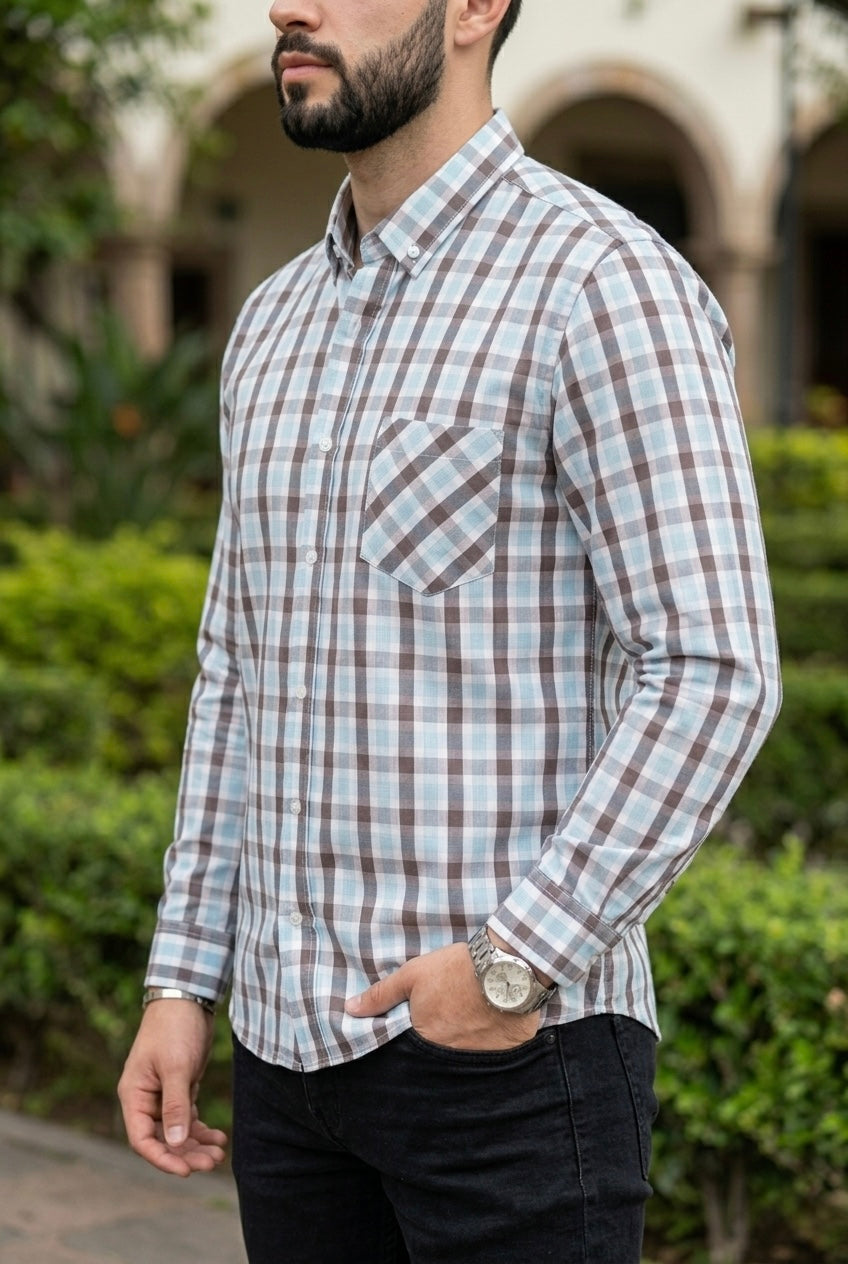 Camisa Manga Larga Con Bolsa Cuadros Azules y Grises