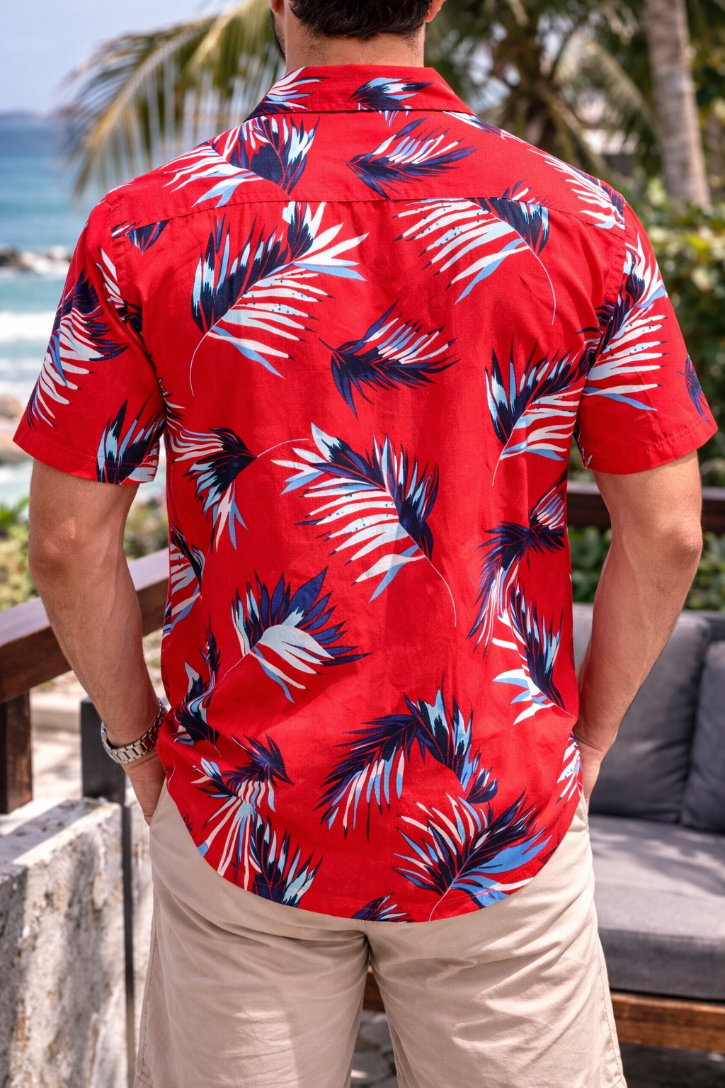 Camisa Manga Corta Roja Hojas Azules OVERSIZE