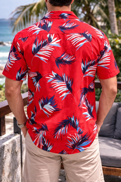 Camisa Manga Corta Roja Hojas Azules OVERSIZE