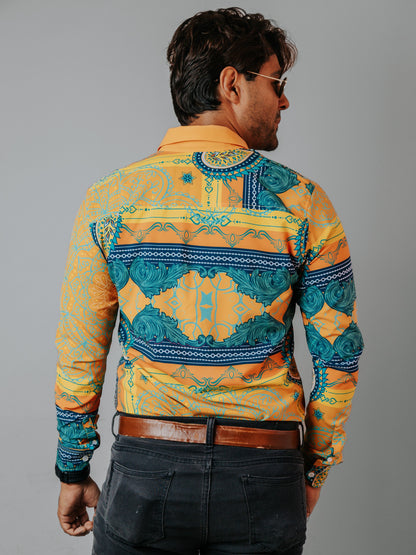 CAMISA HOMBRE SLIM FIT, NARANJA FLORES AMARILLAS VERDES Y AZUL