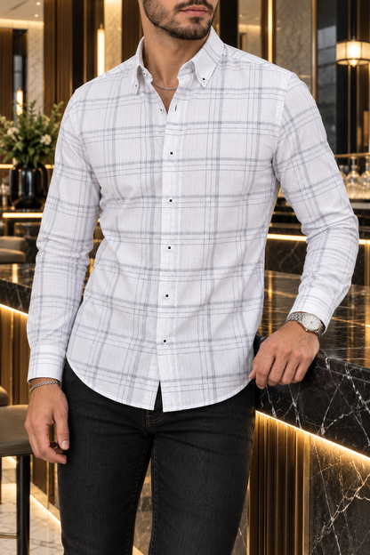 Camisa Manga Larga Blanca Cuadros Rayas Negras