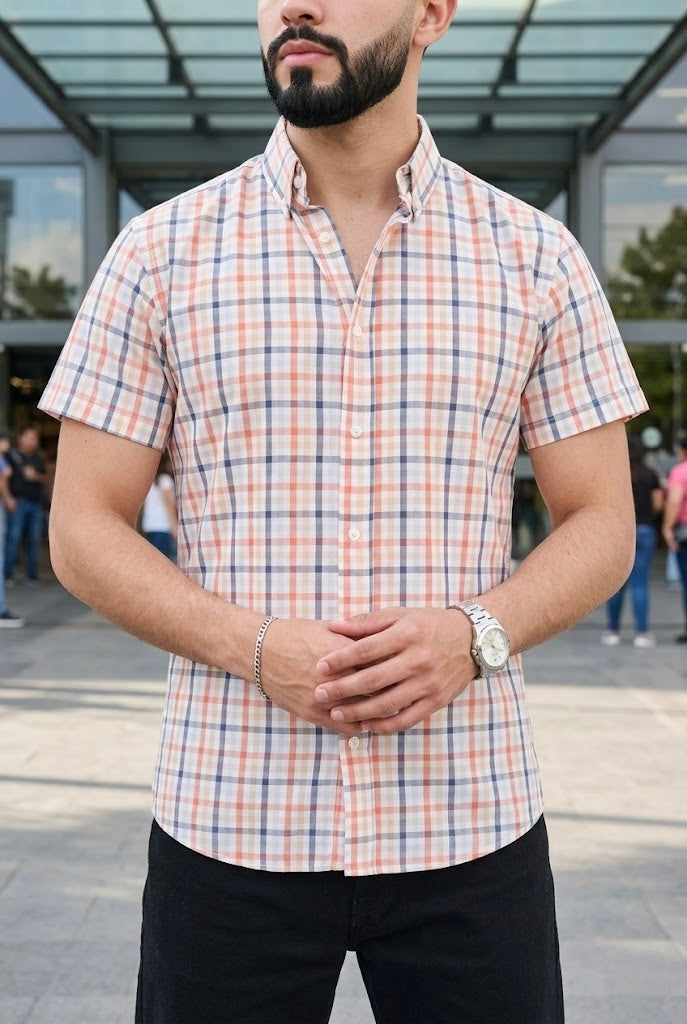 Camisa Manga Corta Cuadros Naranjas y Azules