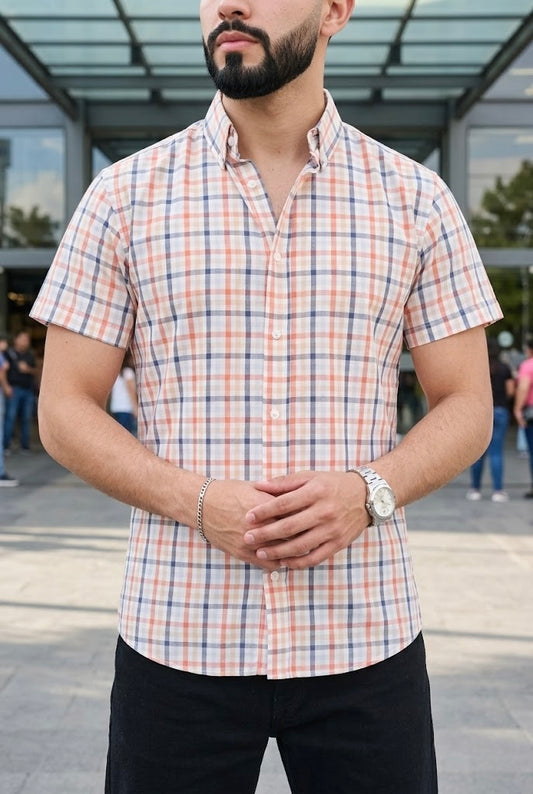 Camisa Manga Corta Cuadros Naranjas y Azules