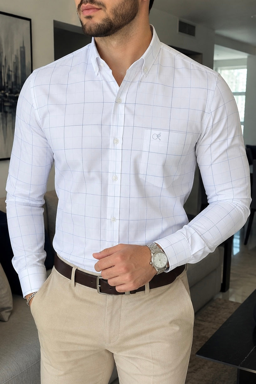 CAMISA DE VESTIR BLANCA LÍNEAS AZULES