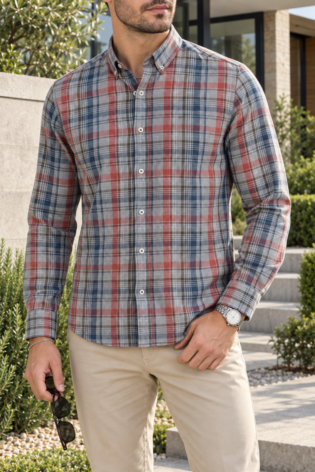 Camisa Manga Larga Gris Cuadros Rojos Y Azules