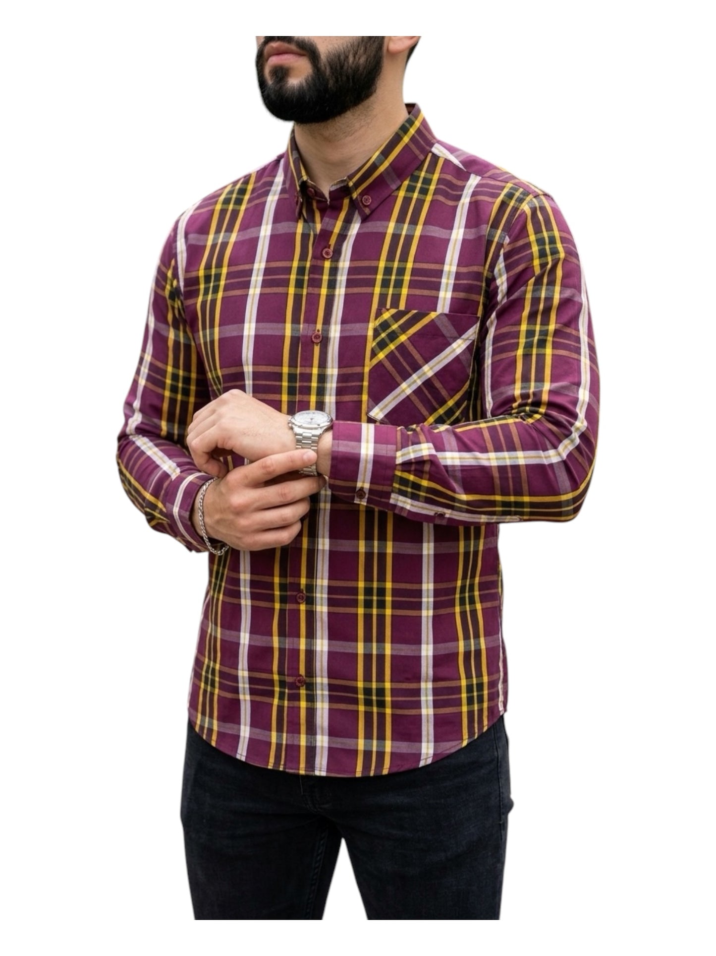 Camisa Manga Larga Con Bolsa Vino Rayas Amarillas y Blancas