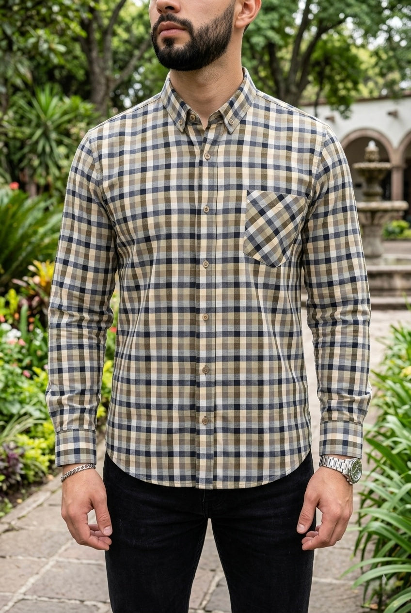 Camisa Manga Larga Con Bolsa Cuadros Bicolor