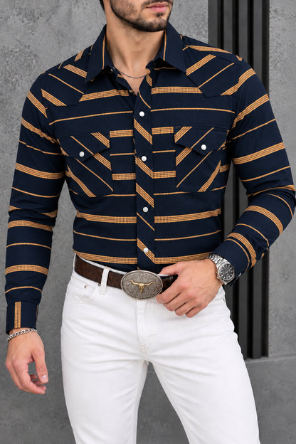 Camisa Vaquera Con Bolsas Azul Marino Rayas Mostaza