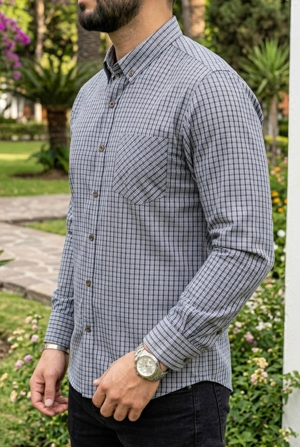 Camisa Manga Larga Con Bolsa Mini Cuadros Azules