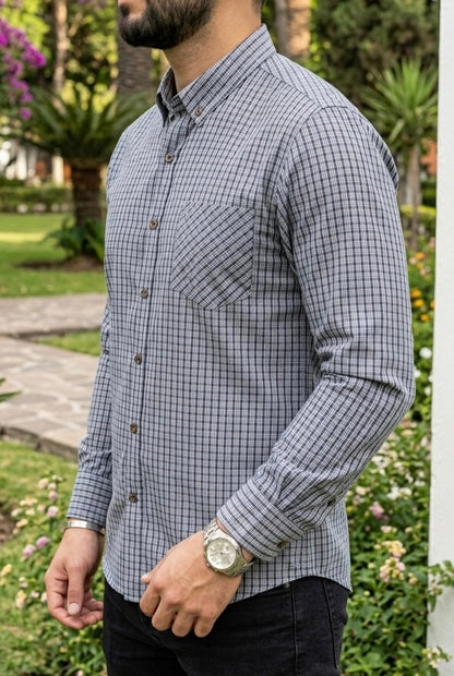 Camisa Manga Larga Con Bolsa Mini Cuadros Azules