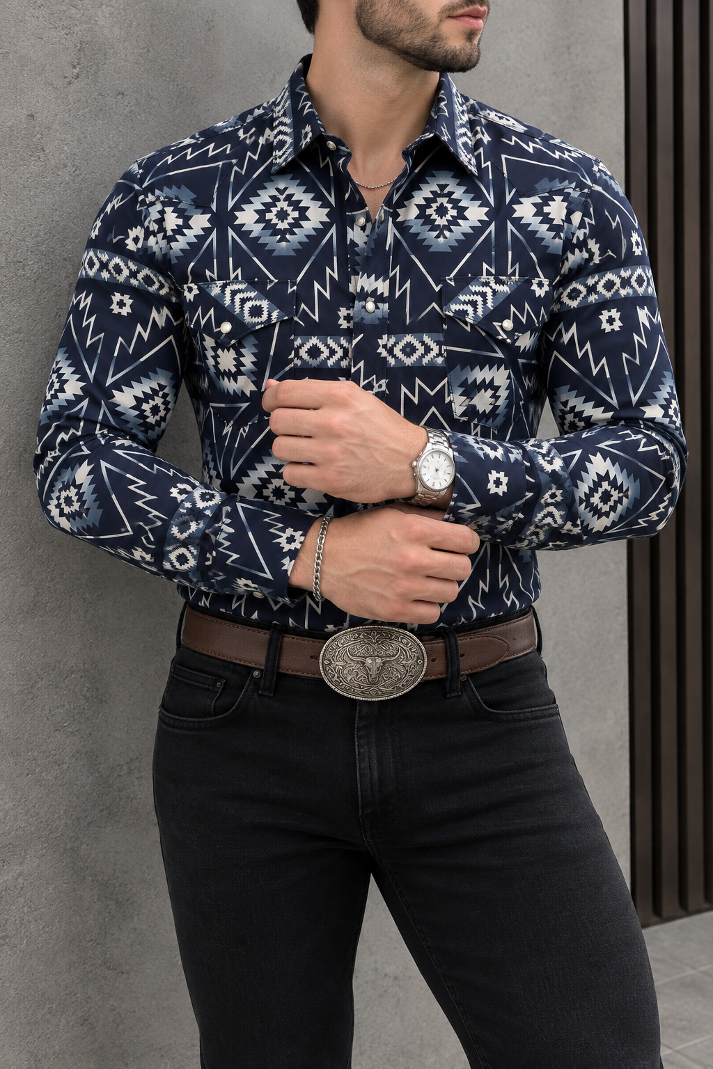 Camisa Vaquera Con Bolsas Azul Detalles Blancos