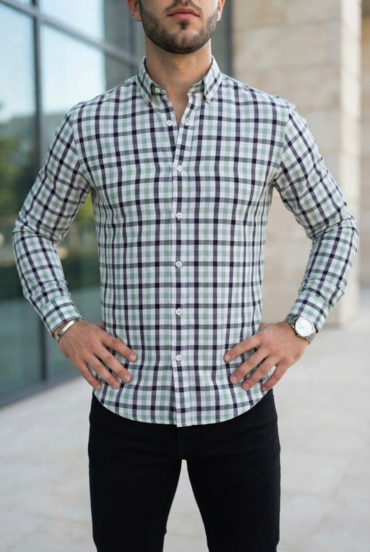 Camisa Manga Larga Cuadros Azules y Verdes