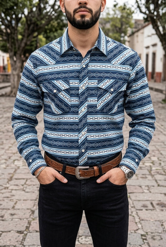 Camisa Vaquera Con Bolsas Azul Detalles Blancos