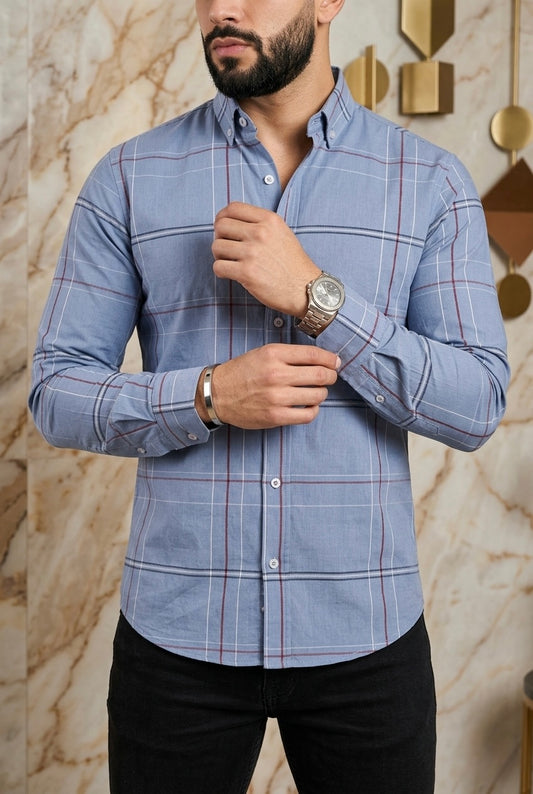 Camisa Manga Larga Azul Franja Roja, Blanca
