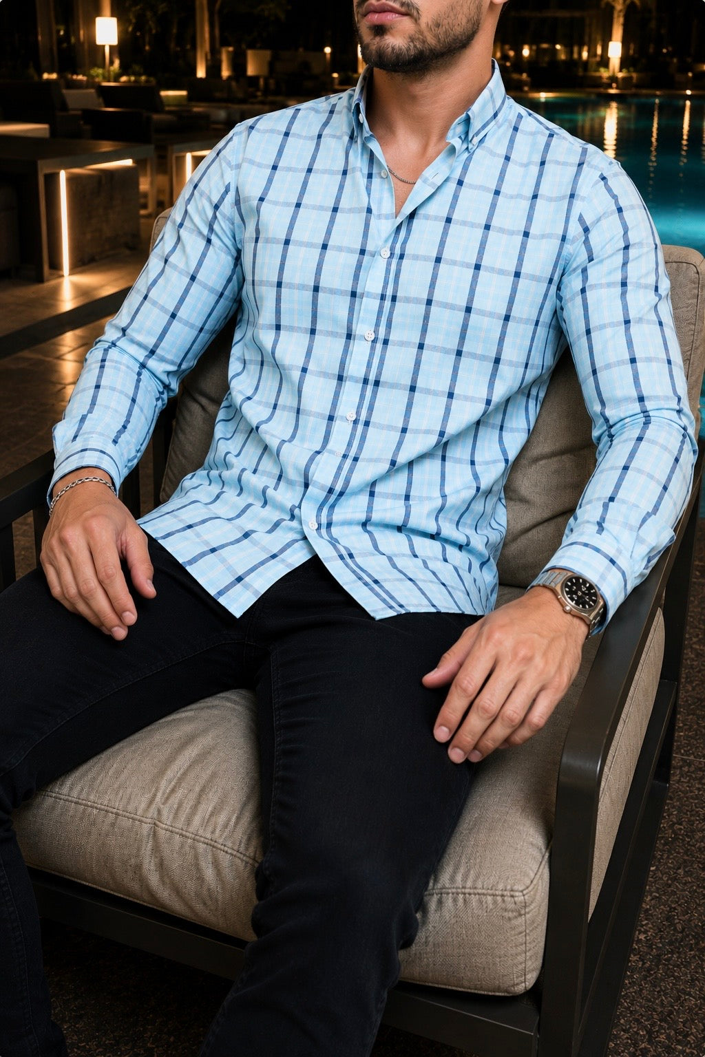 Camisa Manga Larga Azul Cielo, Líneas Azul Marino