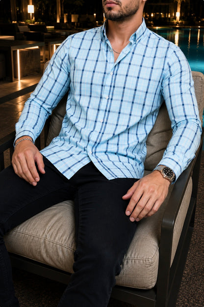 Camisa Manga Larga Azul Cielo, Líneas Azul Marino