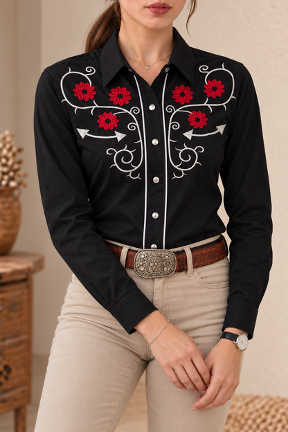 Camisa Vaquera De Dama Negra Detalles Bordados Rojos