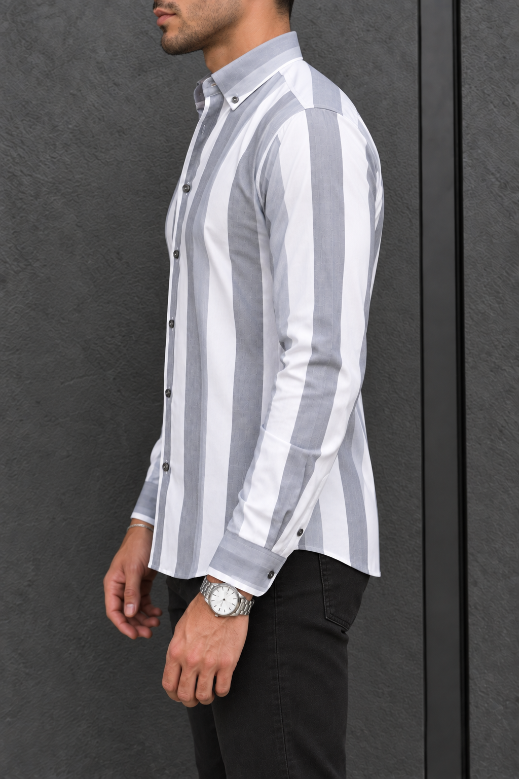 Camisa Manga Larga Blanca Rayas Grisáceas