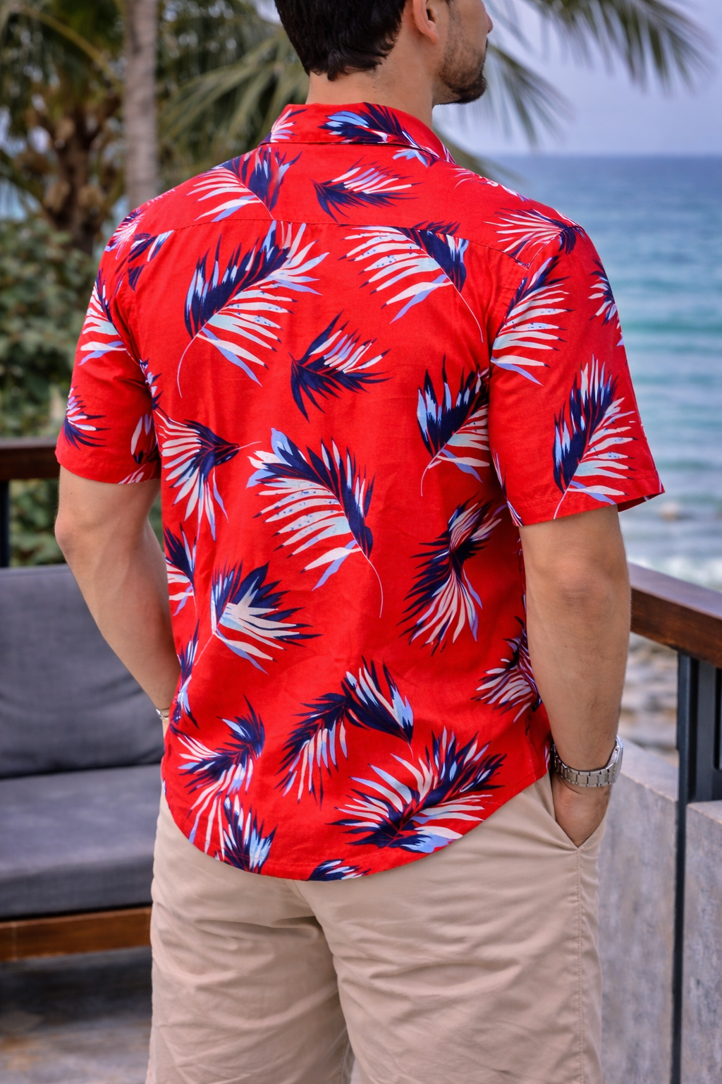 Camisa Manga Corta Roja Hojas Azules OVERSIZE