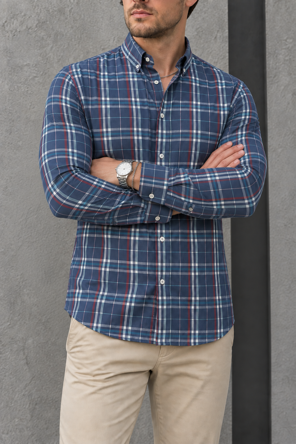 Camisa Manga Larga Azul Cuadros Rayas Rojas Blancas