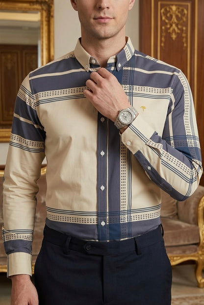Camisa Casual Hombre Beige, Línea Gris