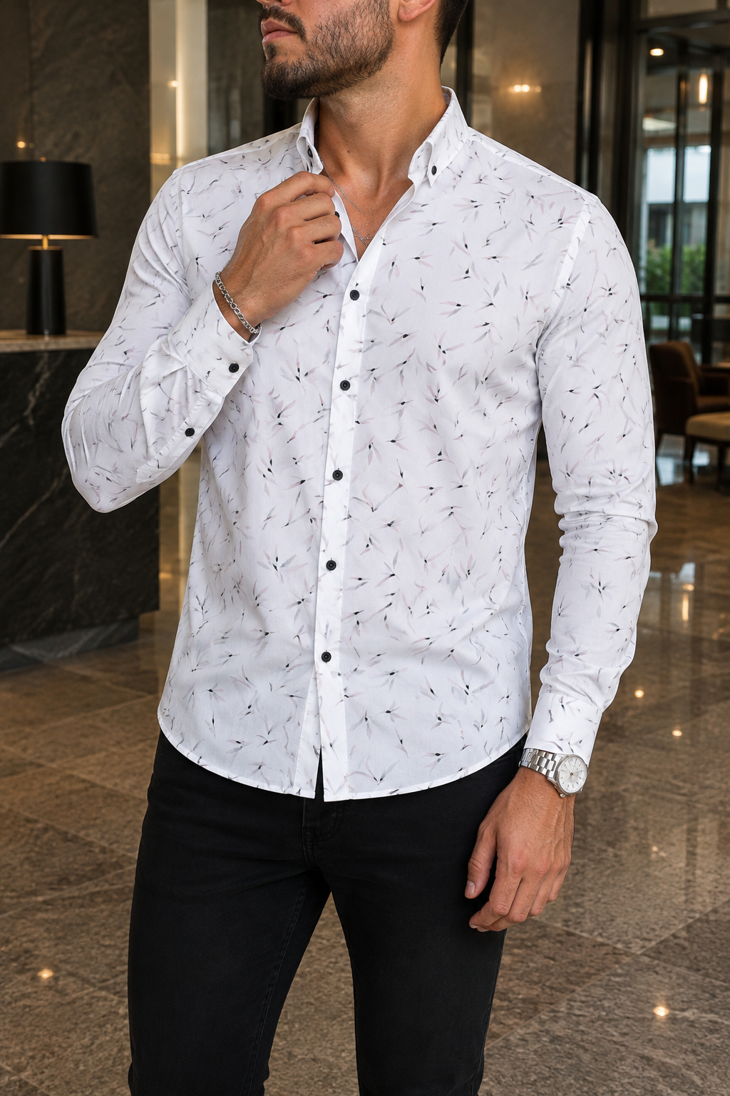 Camisa Manga Larga Blanca Detalles Negros