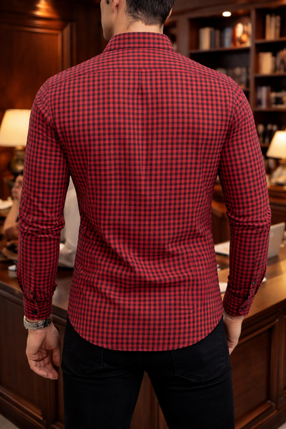 Camisa Hombre Casual Mini Cuadros Rojos, Negros