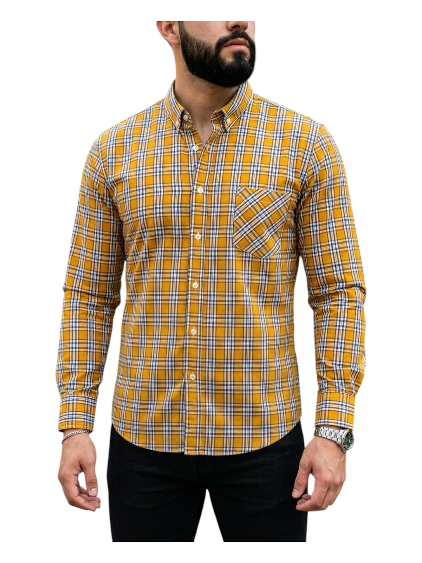 Camisa Manga Larga Con Bolsa Cuadros Amarillos y Blancos