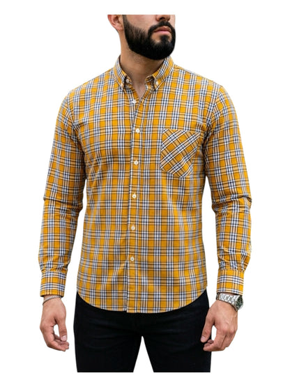 Camisa Manga Larga Con Bolsa Cuadros Amarillos y Blancos