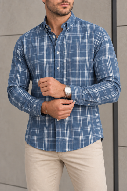 Camisa Manga Larga Azul, Cuadros Rayas Blancas