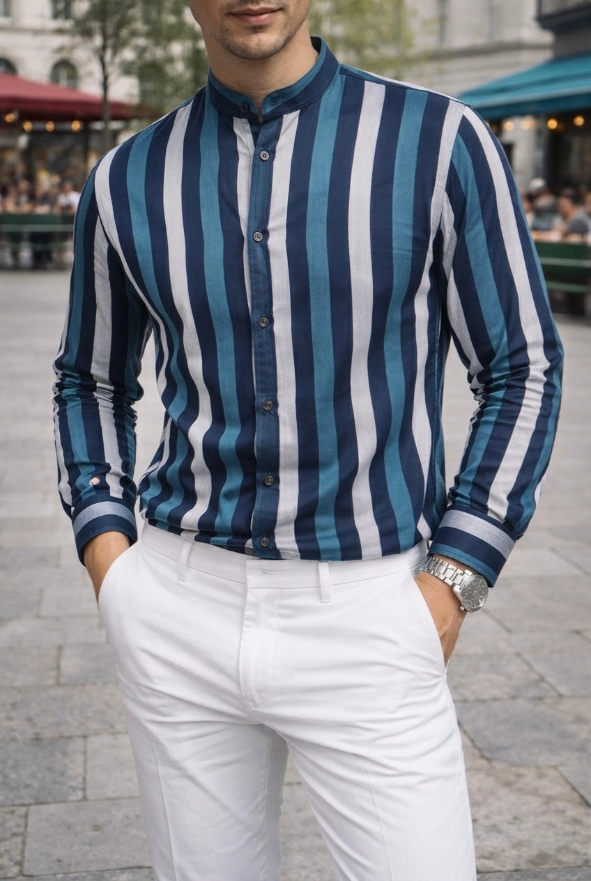 Camisa Cuello Mao Azul Rayas Blancas y Azules