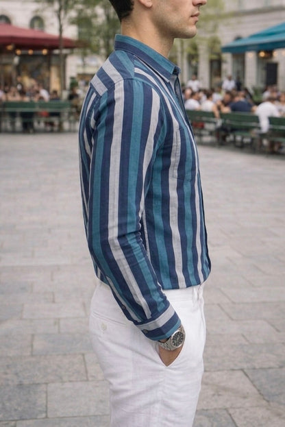 Camisa Cuello Mao Azul Rayas Blancas y Azules