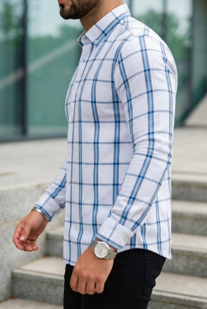 Camisa Manga Larga Blanca, Rayas Azules