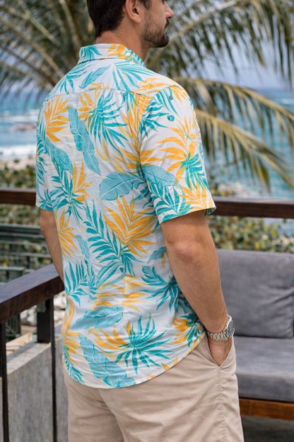 Camisa Manga Corta Blanca Hojas OVERSIZE