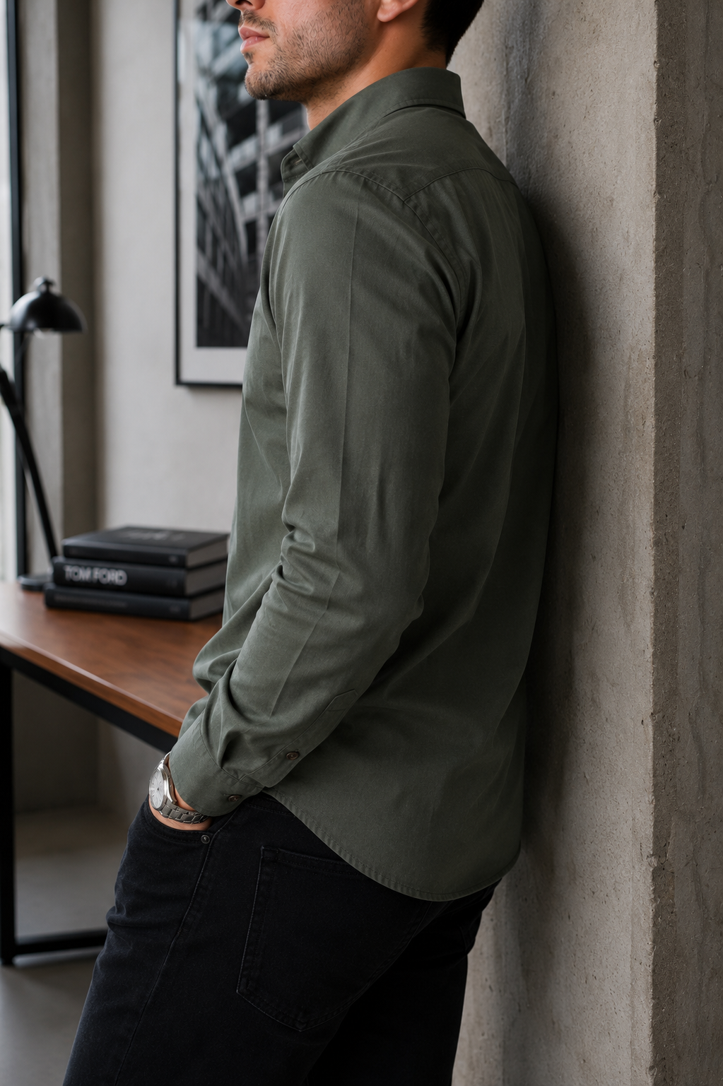 Camisa Manga Larga Lisa Verde Militar