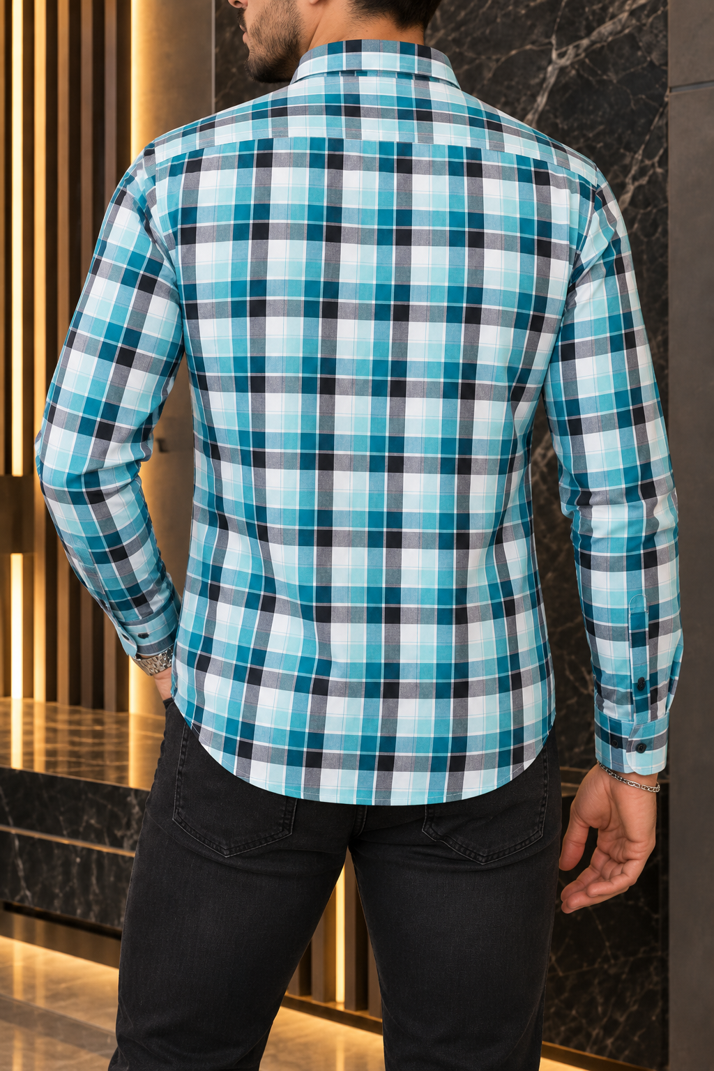 Camisa Manga Larga Cuadros Azules Y Negros