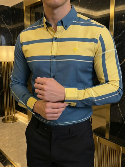 Camisa Hombre Casual Azul Franjas Amarillas