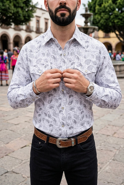 Camisa Vaquera Con Bolsas Blanca Detalles Gris