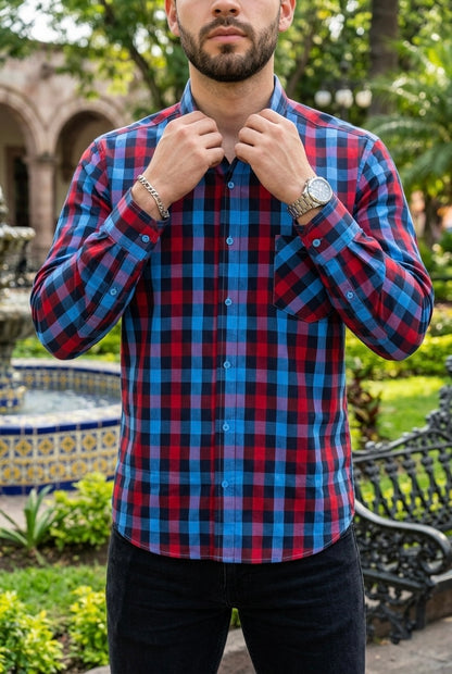 Camisa Manga Larga Con Bolsa Cuadros Azules y Rojos