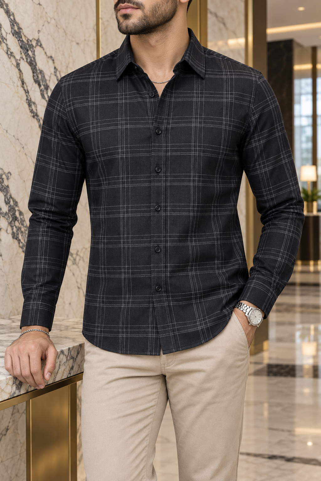 Camisa Manga Larga Cuadros Rayas Blancas