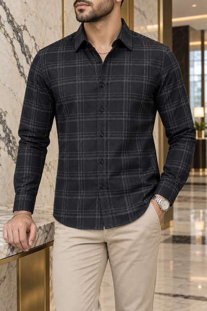 Camisa Manga Larga Cuadros Rayas Blancas