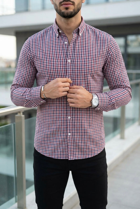Camisa Manga Larga Mini Cuadros Azul Marino y Rojo