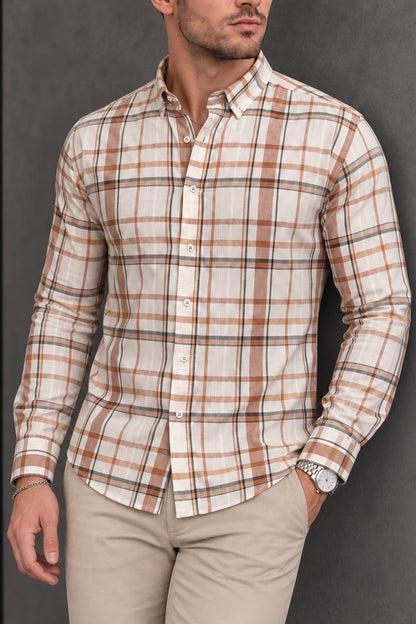 Camisa Manga Larga Beige Rayas Bronce